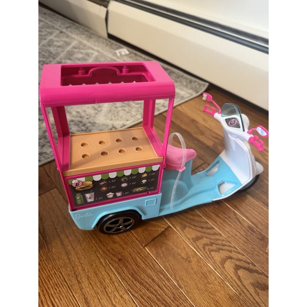 Mattel Barbie Vespa Scooter Moped Bistro Food Cart Blue and Pink